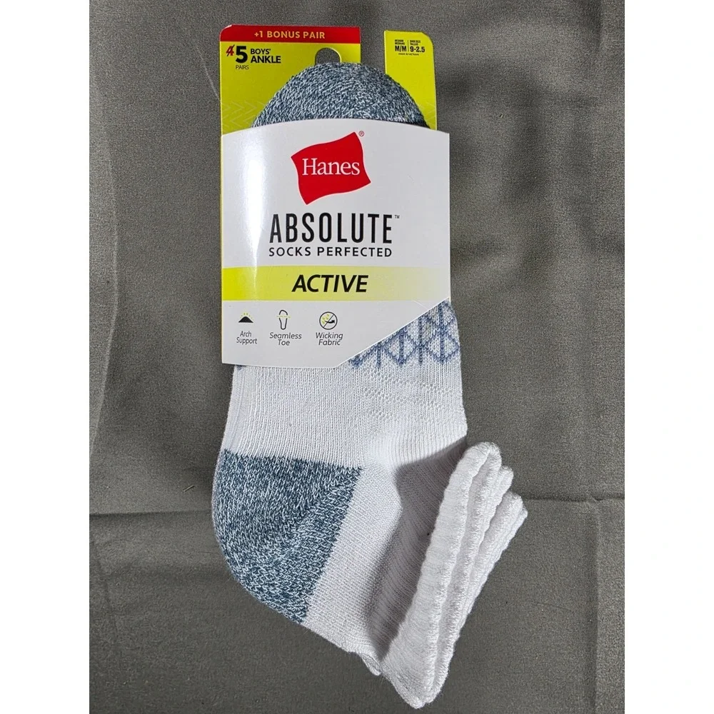 Hanes Boys 5 Pack Ankle Socks Size M Shoe Size 9-2.5 White